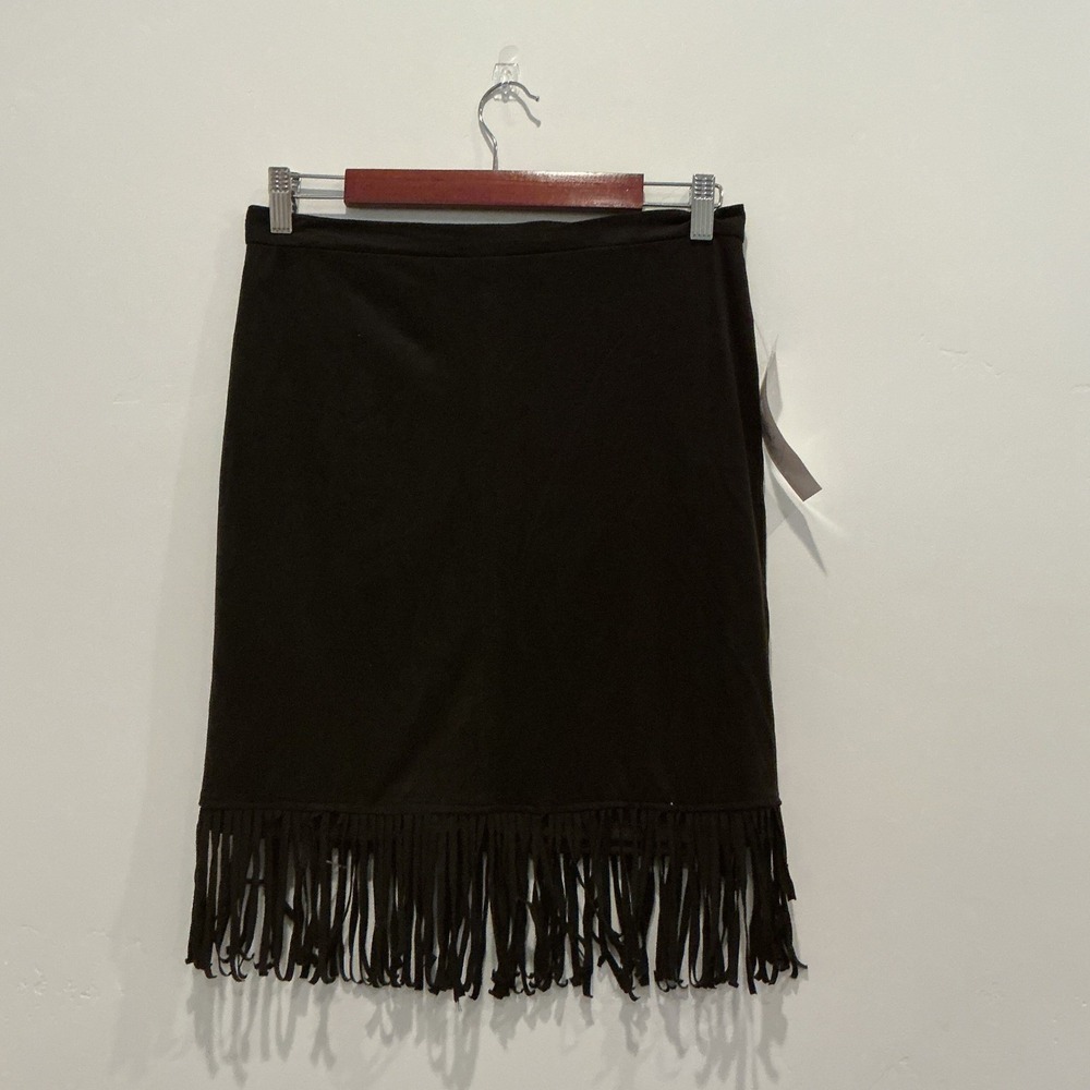 Jody California Black Fringe Skirt Midi Length Elastic‎ Waist Made in USA Medium